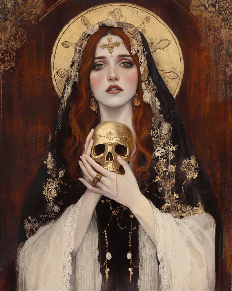 Mary-Magdalene with gold skull